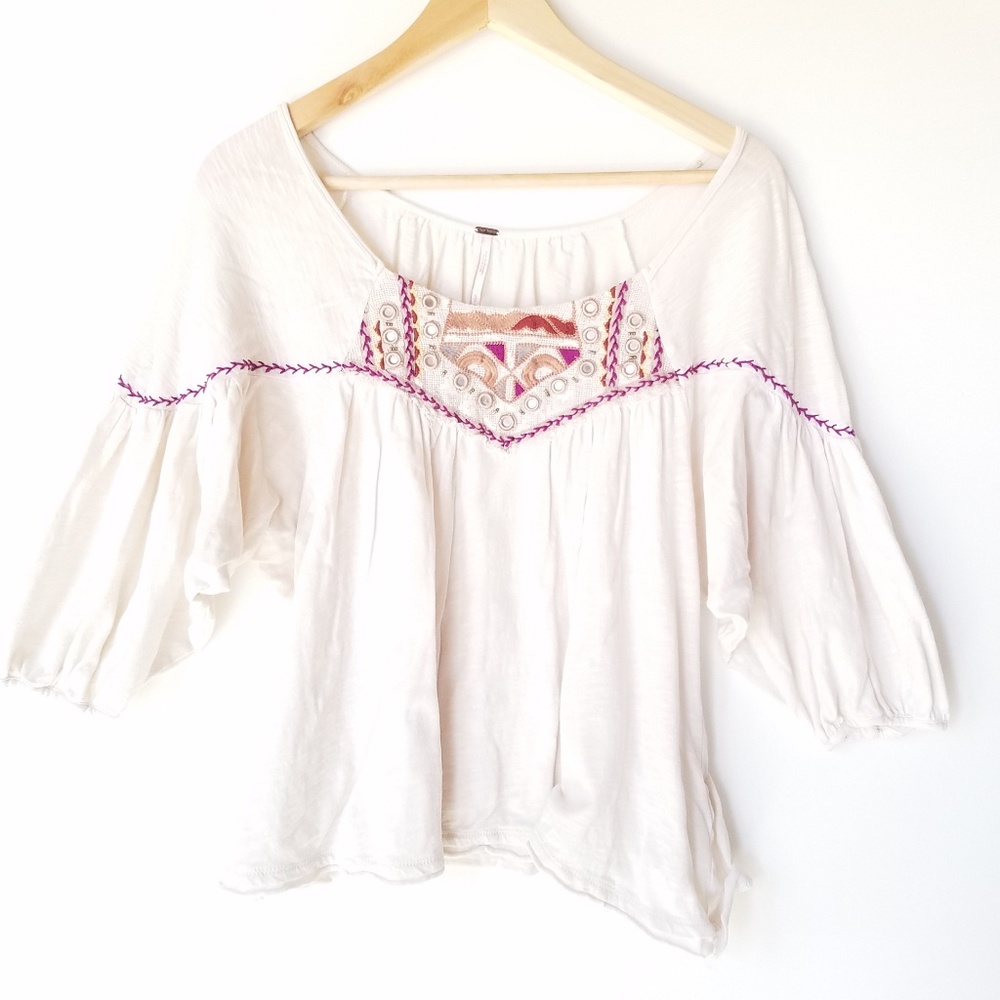 Free People | Boho Embroidered Top Small Oversized Bohemian Shirt